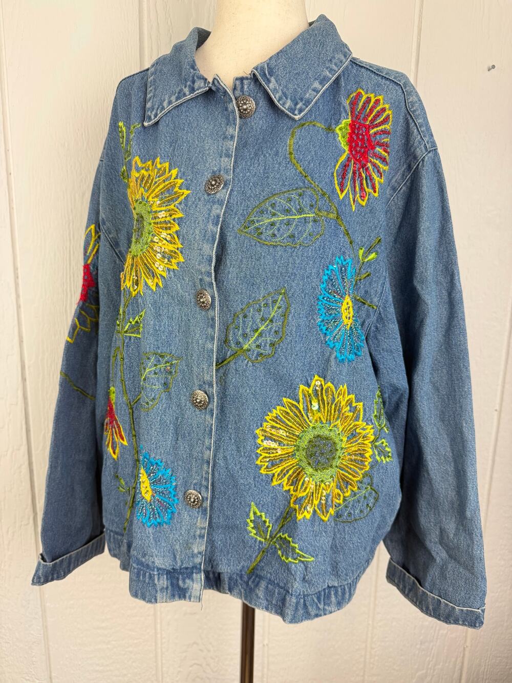 Vintage 90s Tantrums Embroidered Sunflower Denim Jacket Large Sequin Floral Boho